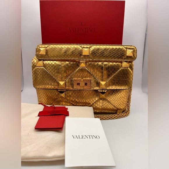Valentino Roman Stud metallic gold python leather Bag Large Full Set - Picture 2 of 16